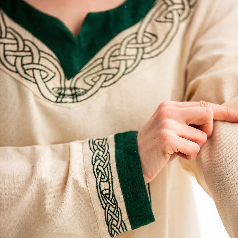 Natural & Green Embroidered Dress - Light Cotton