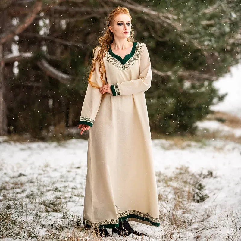 Natural & Green Embroidered Dress - Light Cotton