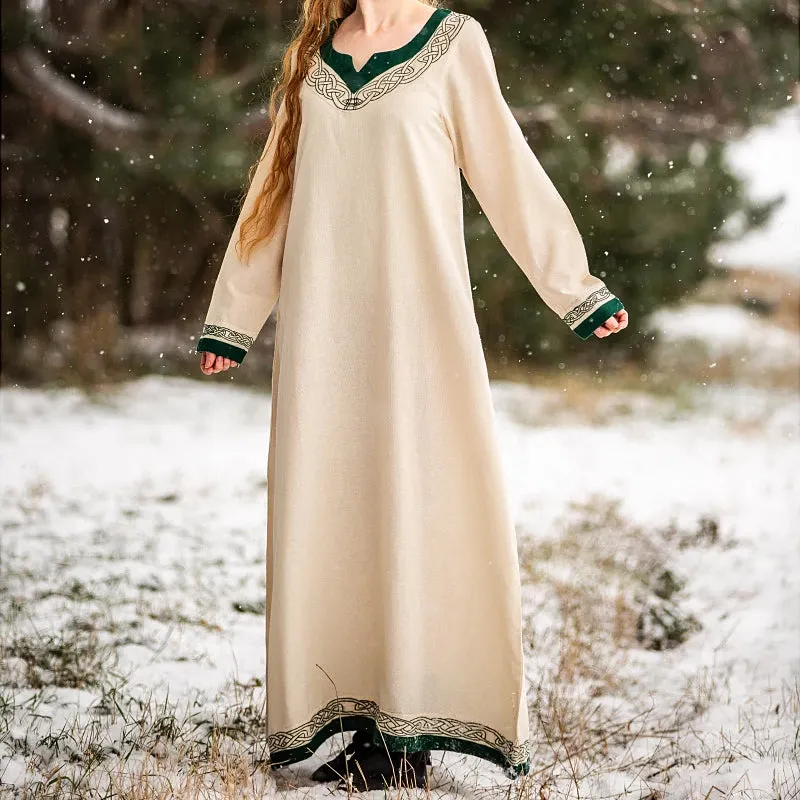 Natural & Green Embroidered Dress - Light Cotton
