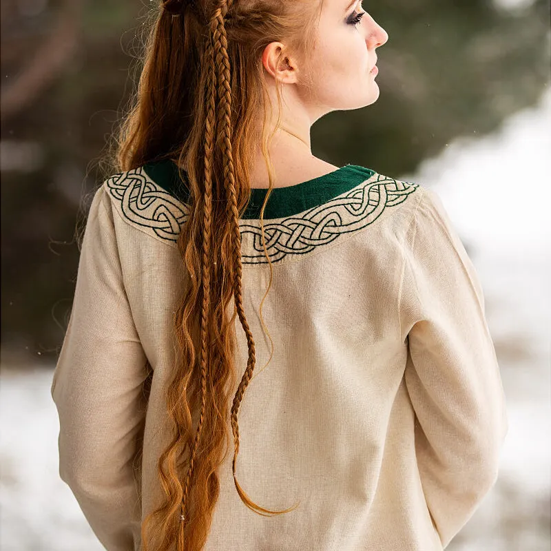 Natural & Green Embroidered Dress - Light Cotton