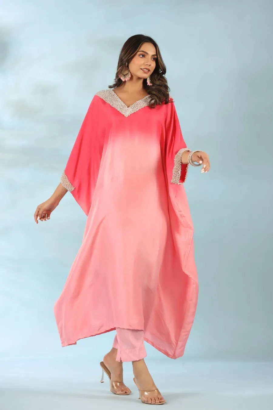 Pink Ombre Pearl Embroidered Kaftan With Pants