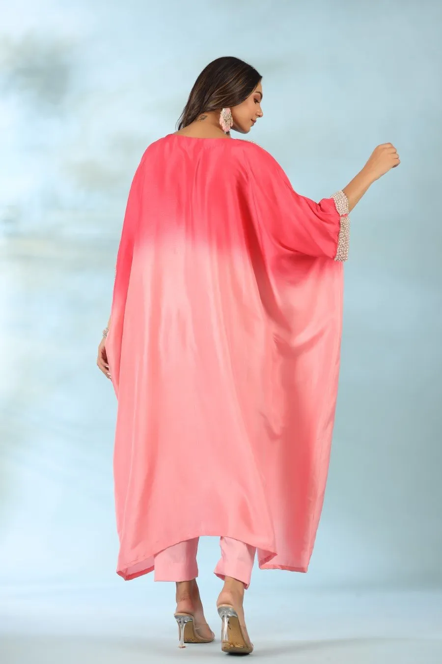 Pink Ombre Pearl Embroidered Kaftan With Pants