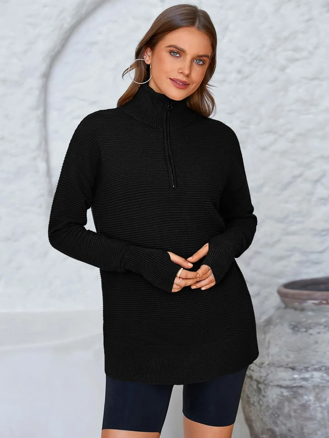 PRETTYGARDEN Womens Long Sleeve Quarter Zip Pullover Sweater Casual Loose V Neck Collared Ribbed Knit Jumper Tops Thumb Hole