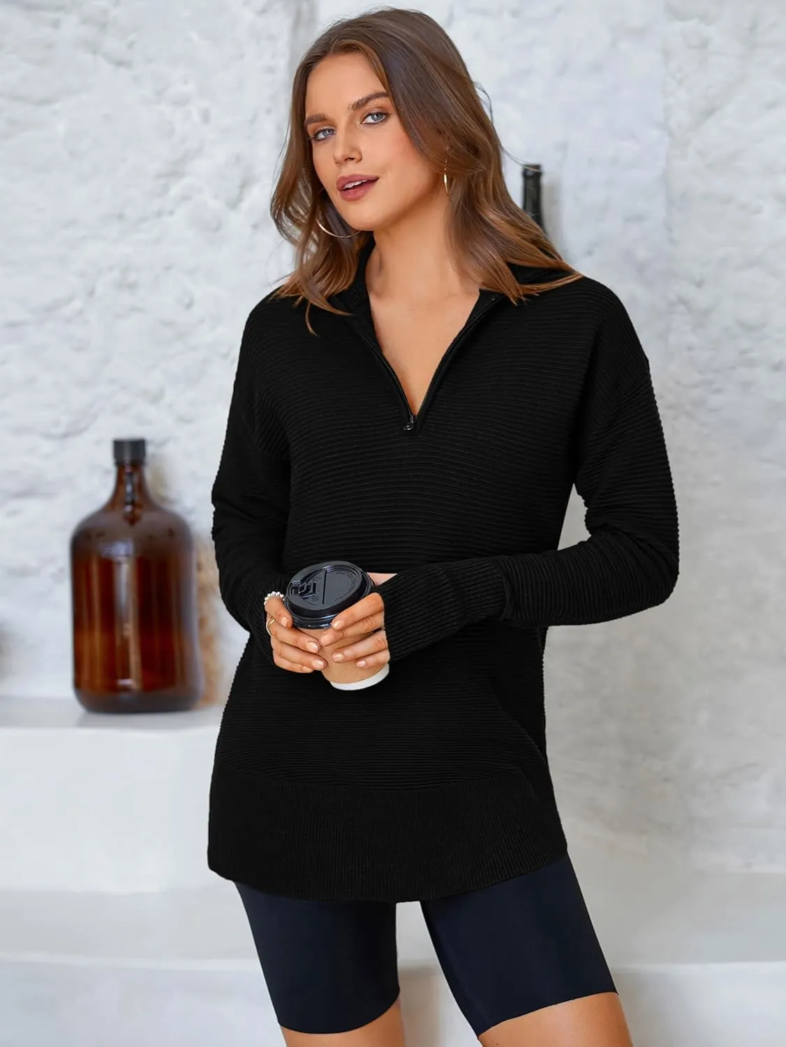 PRETTYGARDEN Womens Long Sleeve Quarter Zip Pullover Sweater Casual Loose V Neck Collared Ribbed Knit Jumper Tops Thumb Hole