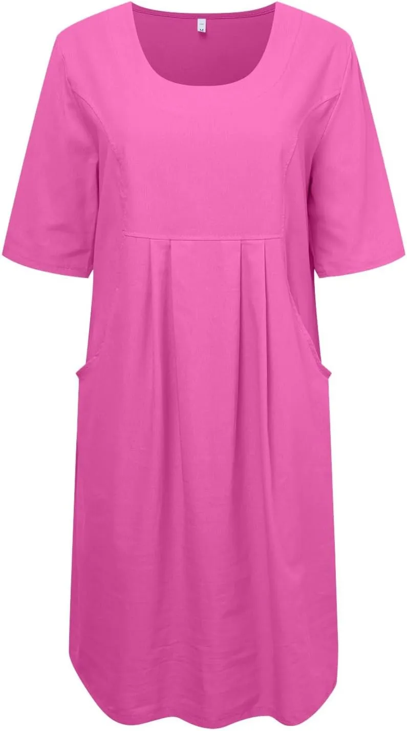 PTOLOCIF Summer Dresses for Women Solid Color Cotton Linen Pockets Tunic Midi Dress Mini Dress