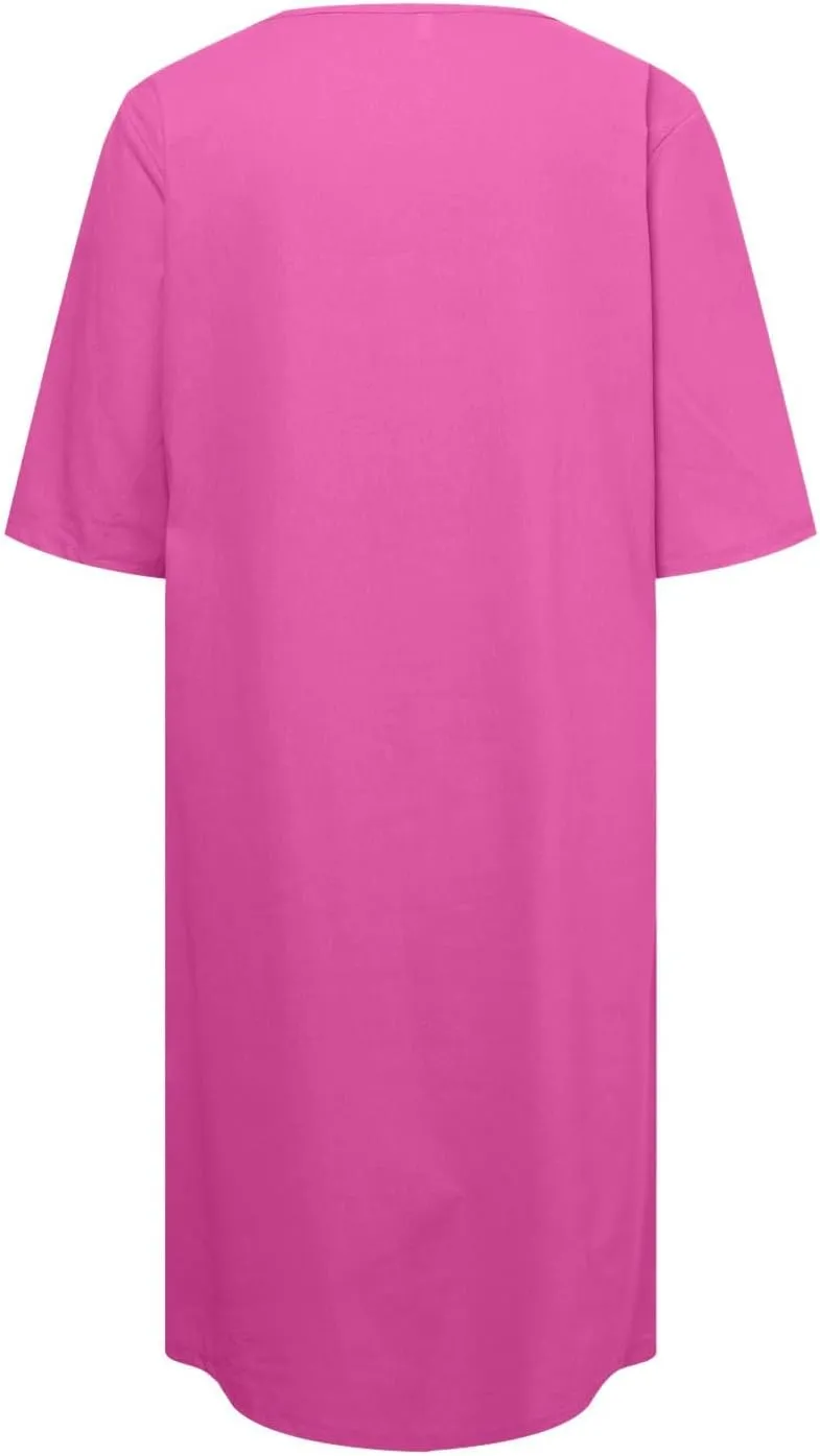PTOLOCIF Summer Dresses for Women Solid Color Cotton Linen Pockets Tunic Midi Dress Mini Dress