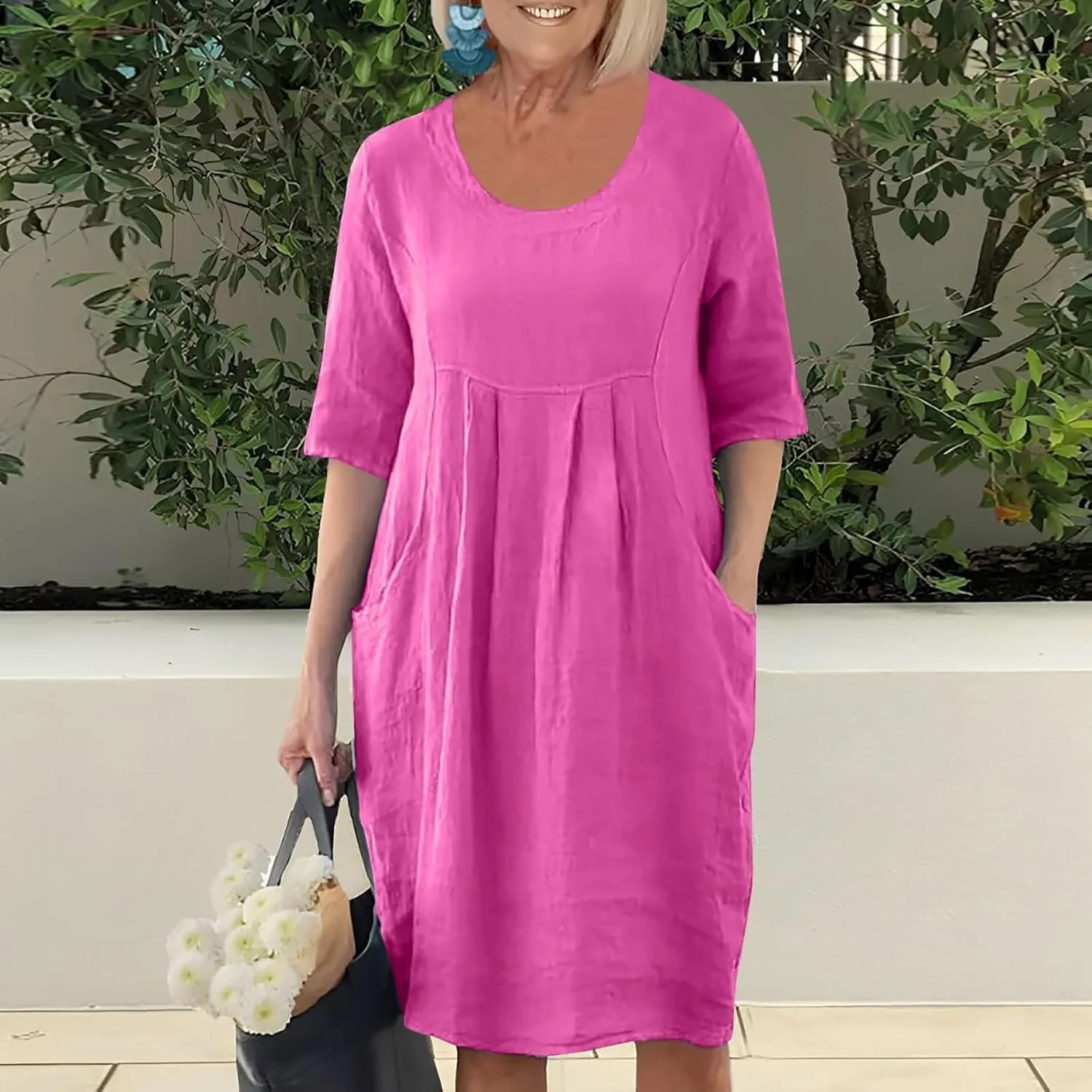PTOLOCIF Summer Dresses for Women Solid Color Cotton Linen Pockets Tunic Midi Dress Mini Dress