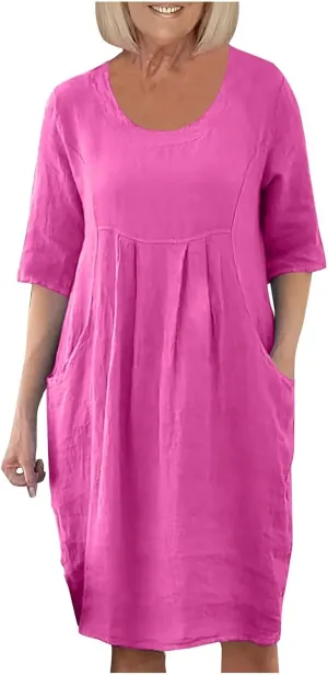 PTOLOCIF Summer Dresses for Women Solid Color Cotton Linen Pockets Tunic Midi Dress Mini Dress