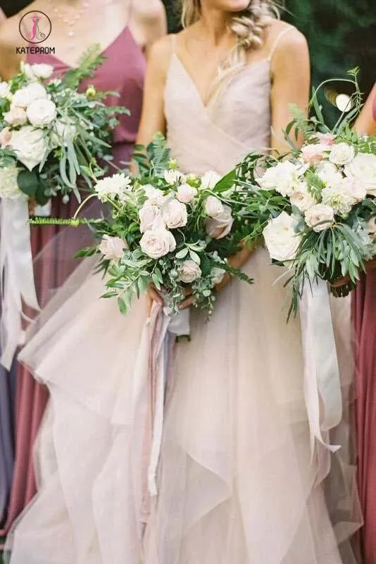 Puffy Spaghetti Straps V Neck Backless Asymmetrical Light Pink Long Wedding Dresses KPW0257