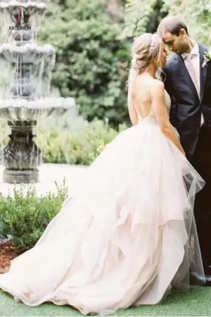 Puffy Spaghetti Straps V Neck Backless Asymmetrical Light Pink Long Wedding Dresses KPW0257
