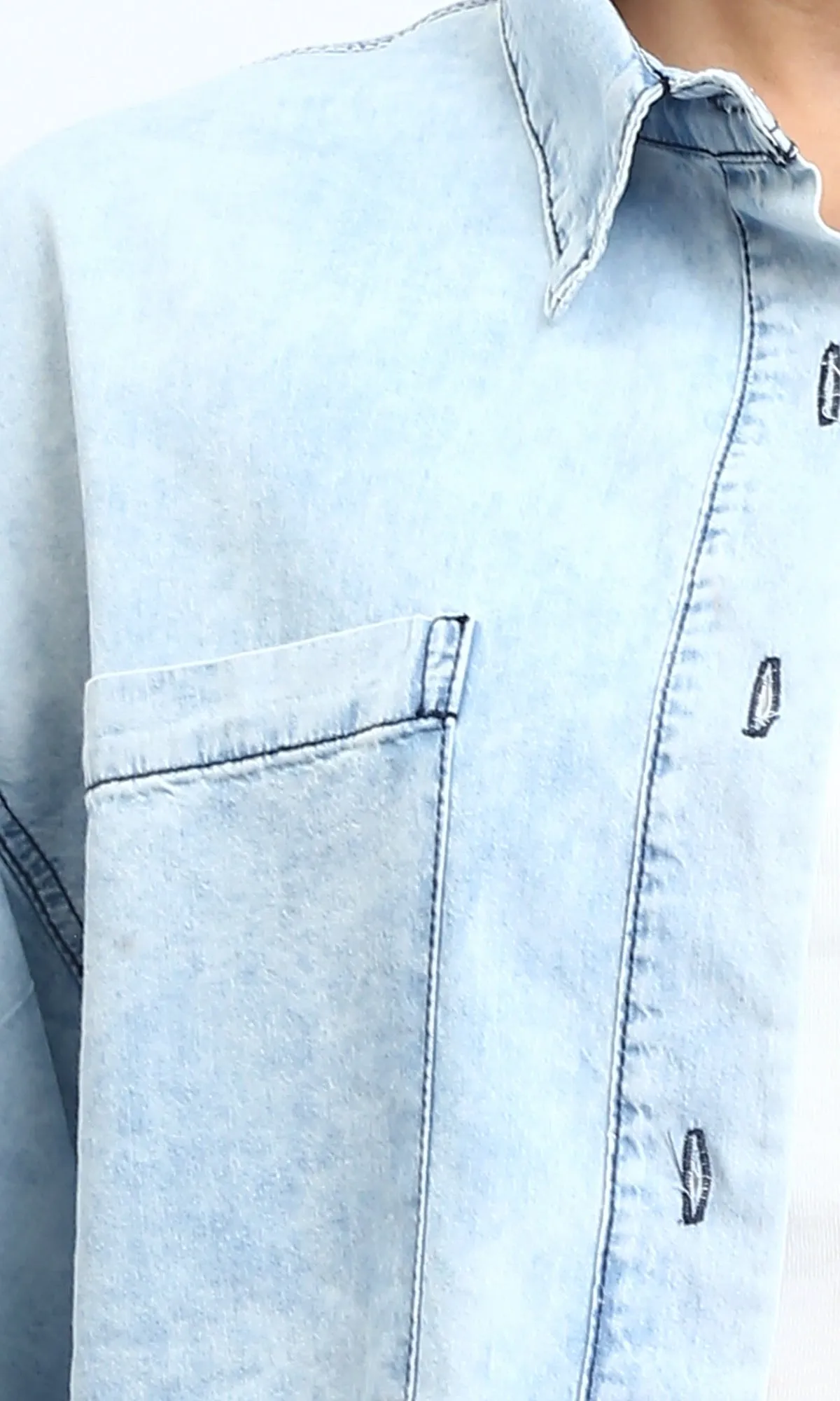 R206514 - Distressed Trim Elbow Sleeves Denim Shirt - Light Blue