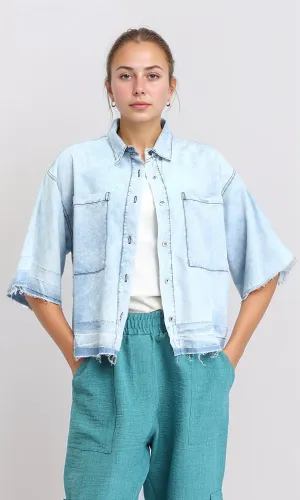 R206514 - Distressed Trim Elbow Sleeves Denim Shirt - Light Blue