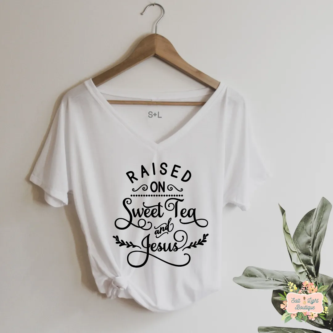 RAISED ON SWEET TEA & JESUS TRIBLEND T-SHIRT | WOMEN'S V-NECK