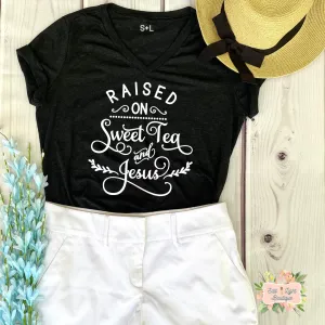 RAISED ON SWEET TEA & JESUS TRIBLEND T-SHIRT | WOMEN'S V-NECK