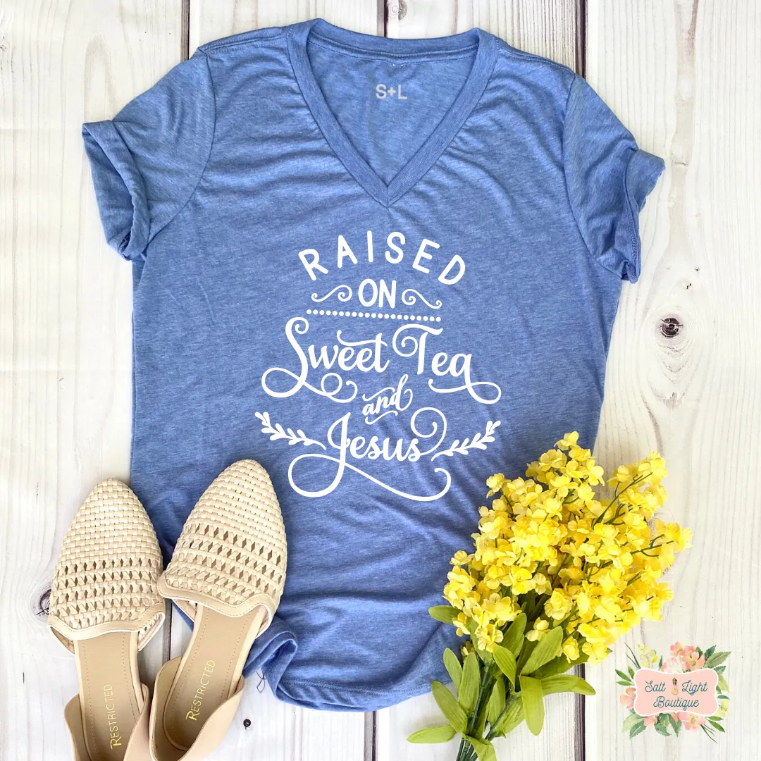 RAISED ON SWEET TEA & JESUS TRIBLEND T-SHIRT | WOMEN'S V-NECK