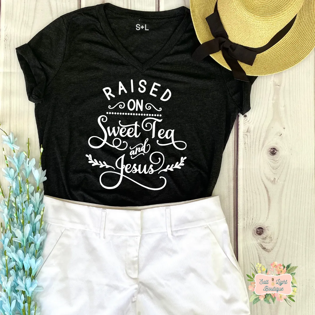 RAISED ON SWEET TEA & JESUS TRIBLEND T-SHIRT | WOMEN'S V-NECK