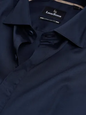 Regular Fit Semi Formal Solid Navy Blue Shirt For Men