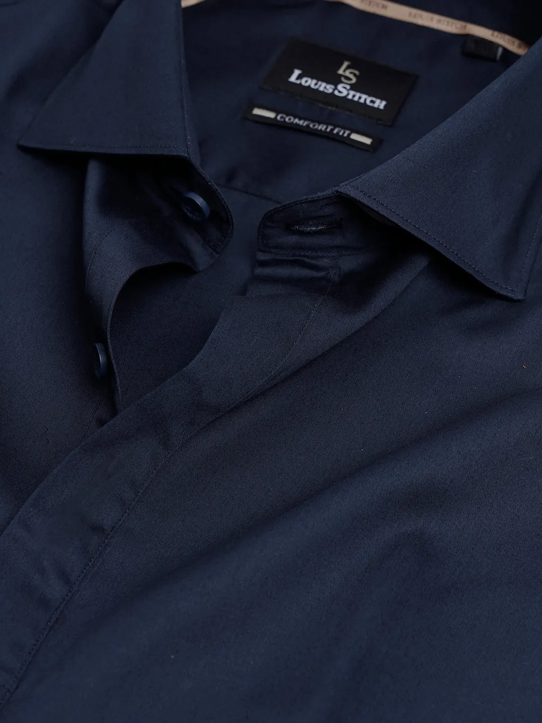 Regular Fit Semi Formal Solid Navy Blue Shirt For Men
