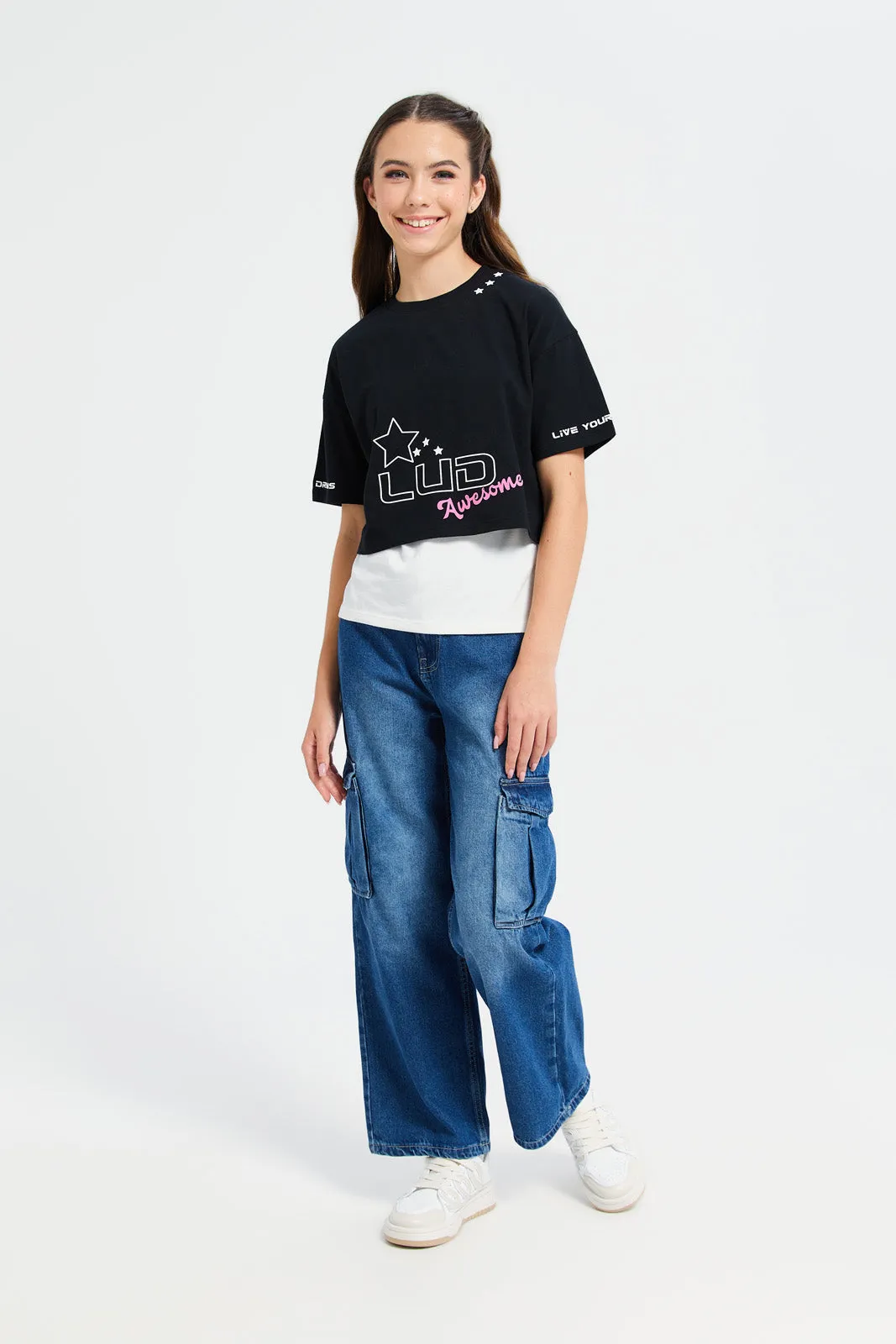 Senior Girls Black And White Twofer Top