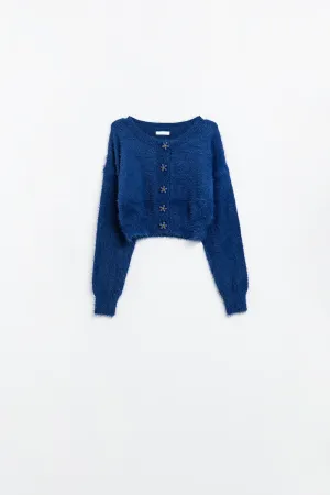 Short and fluffy navy cardigan with flower buttons