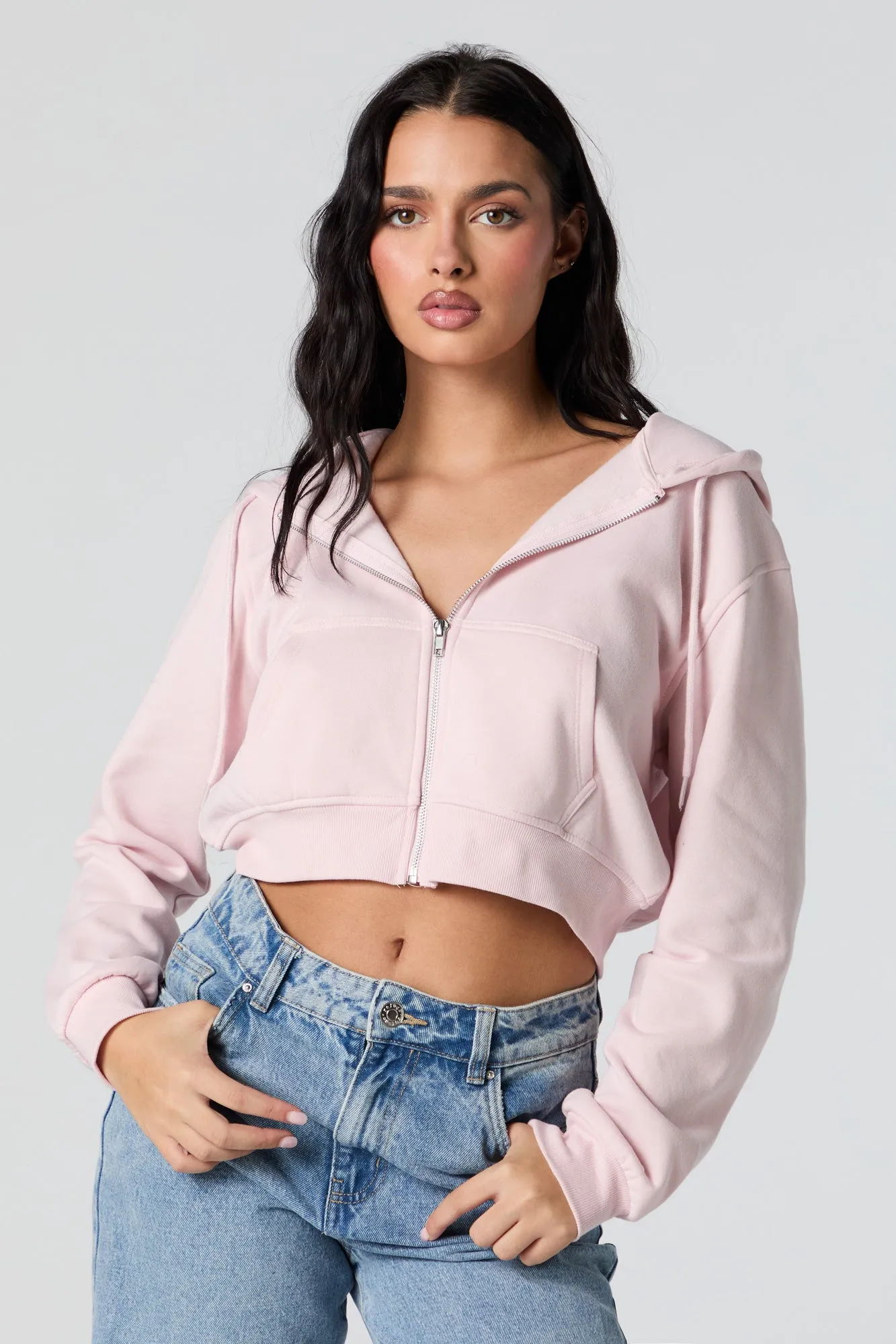 Soft Fleece Zip-Up Cropped Hoodie