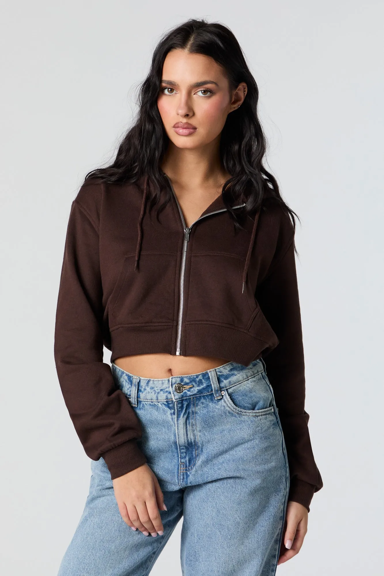 Soft Fleece Zip-Up Cropped Hoodie