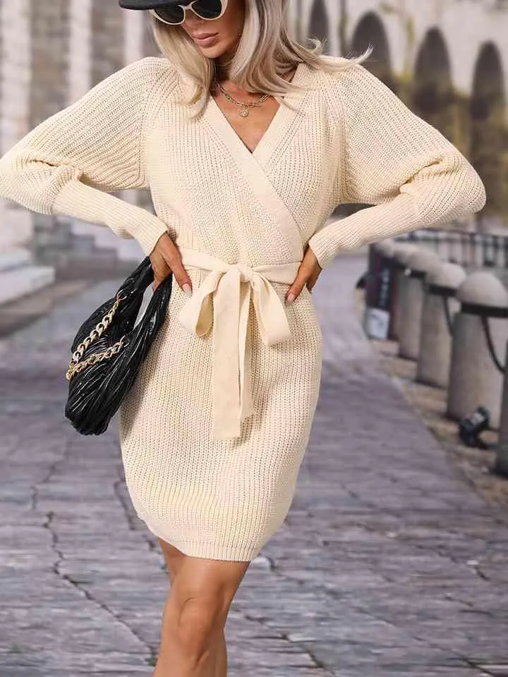 Stylishly Warm Surplice Neck Tie Waist Sweater Dress