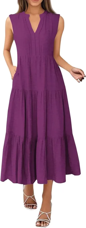 Summer Dresses for Women 2025 Maxi Casual Floral Boho Sundresses Sleeveless V-Neck Pleated Beach Vacation Tank Dress
