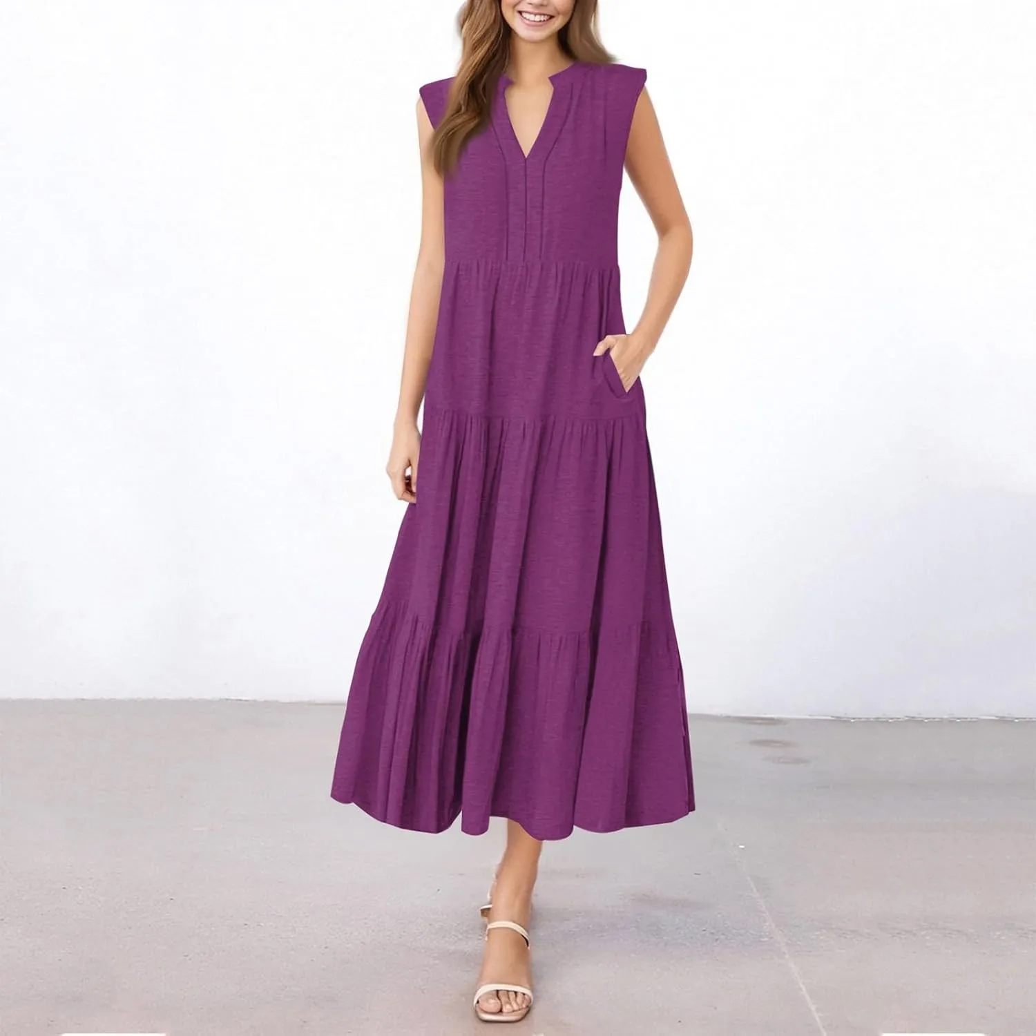 Summer Dresses for Women 2025 Maxi Casual Floral Boho Sundresses Sleeveless V-Neck Pleated Beach Vacation Tank Dress