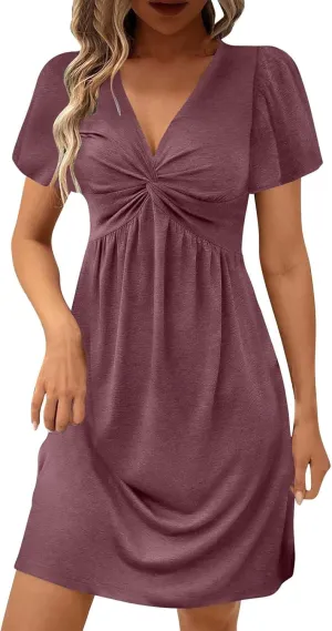 Summer Dresses for Women Short Sleeve Casual Sundress Solid Color Loose Fit V-Neck Pleated Vacation Beach Dress