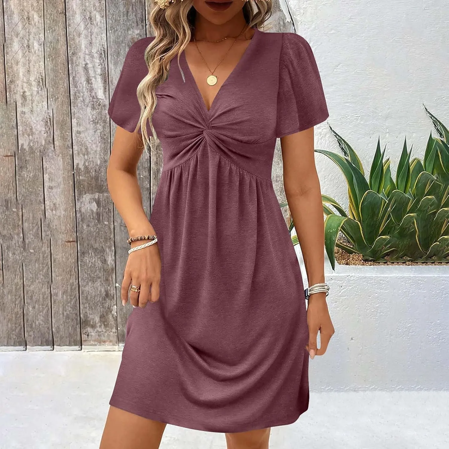 Summer Dresses for Women Short Sleeve Casual Sundress Solid Color Loose Fit V-Neck Pleated Vacation Beach Dress