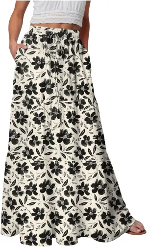 Summer Skirts for Women 2025 Vacation Boho Floral Tiered Drawstring High Waisted Flowy Ruffle A Line Maxi Skirt