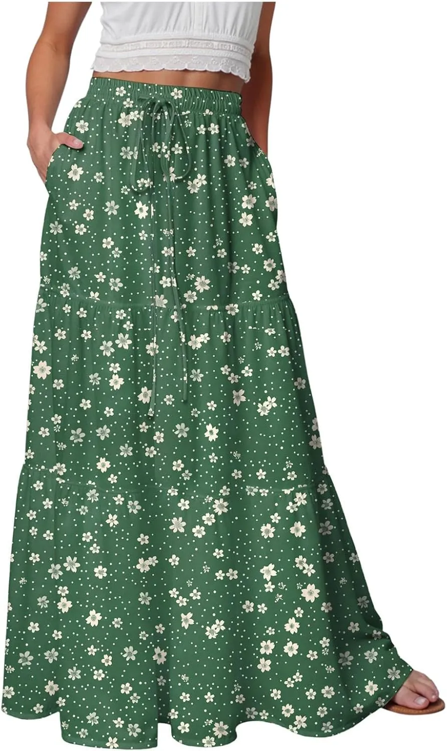 Summer Skirts for Women 2025 Vacation Boho Floral Tiered Drawstring High Waisted Flowy Ruffle A Line Maxi Skirt