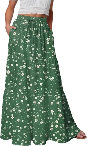 Summer Skirts for Women 2025 Vacation Boho Floral Tiered Drawstring High Waisted Flowy Ruffle A Line Maxi Skirt