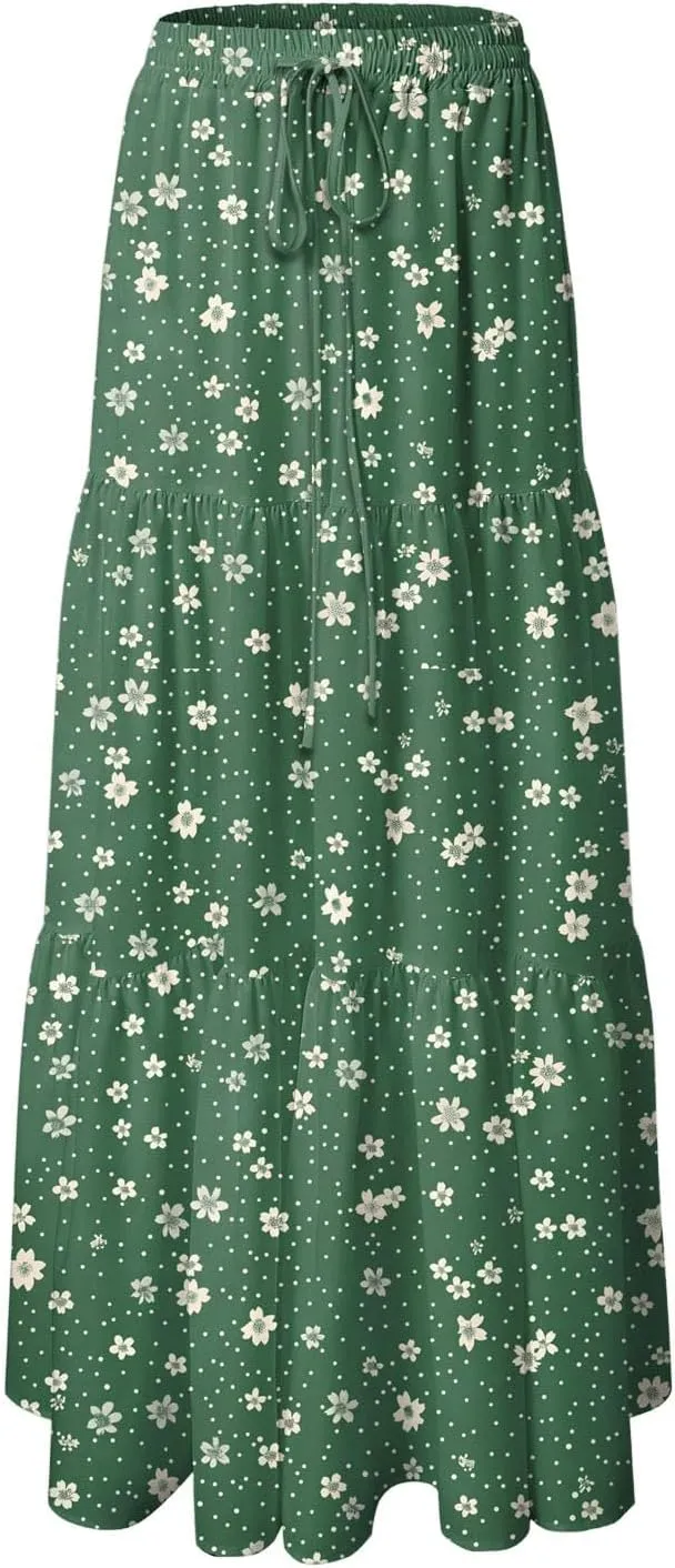 Summer Skirts for Women 2025 Vacation Boho Floral Tiered Drawstring High Waisted Flowy Ruffle A Line Maxi Skirt