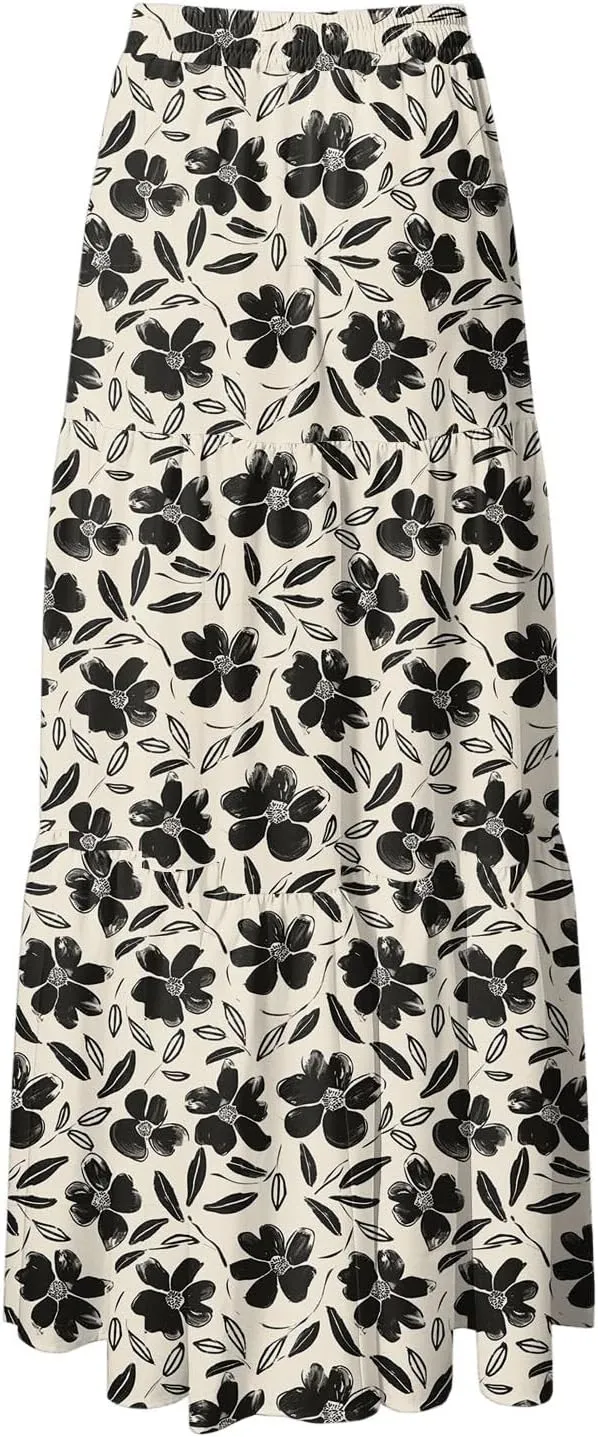 Summer Skirts for Women 2025 Vacation Boho Floral Tiered Drawstring High Waisted Flowy Ruffle A Line Maxi Skirt