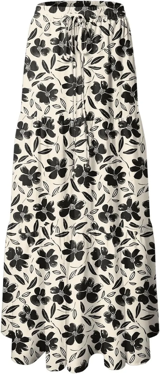 Summer Skirts for Women 2025 Vacation Boho Floral Tiered Drawstring High Waisted Flowy Ruffle A Line Maxi Skirt