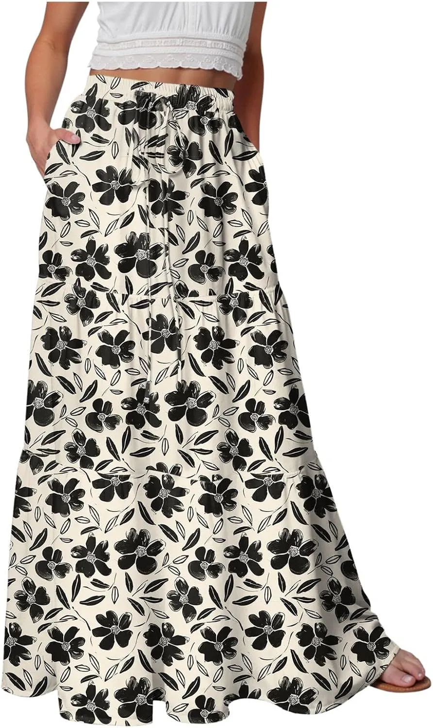 Summer Skirts for Women 2025 Vacation Boho Floral Tiered Drawstring High Waisted Flowy Ruffle A Line Maxi Skirt