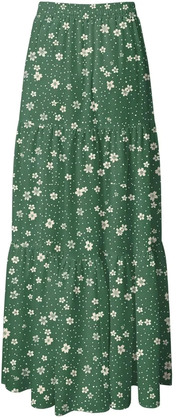 Summer Skirts for Women 2025 Vacation Boho Floral Tiered Drawstring High Waisted Flowy Ruffle A Line Maxi Skirt