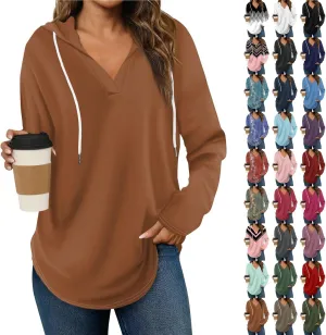 Trendy Hoodie for Women 2024 V Neck Sweatshirt Oversized Long Sleeve Pullover Outfit Drawstring Casual Outwear