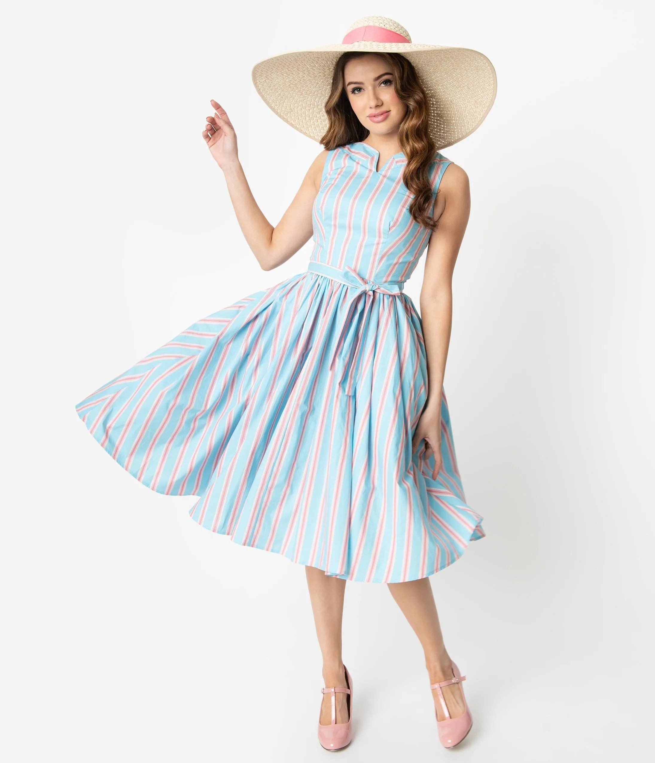 Unique Vintage Blue & Pink Stripe Sleeveless Indy Cotton Sundress