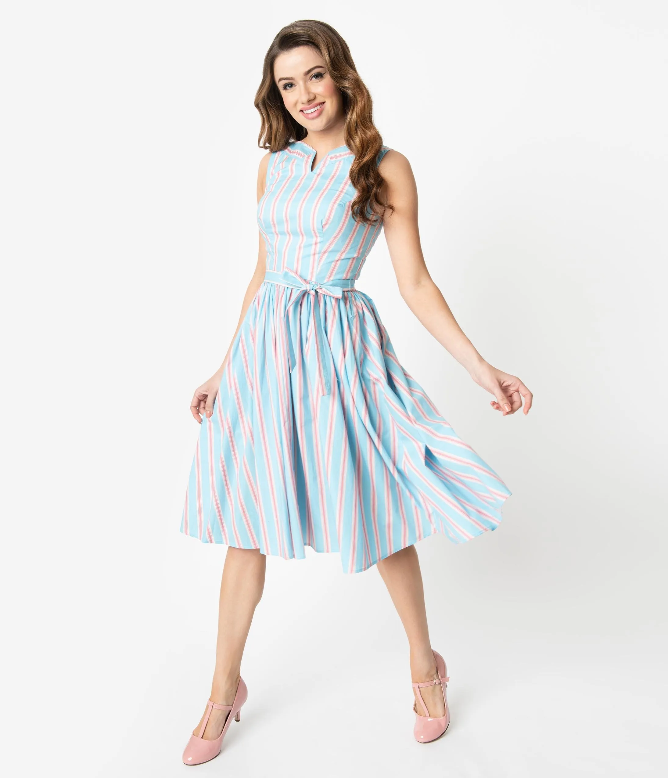 Unique Vintage Blue & Pink Stripe Sleeveless Indy Cotton Sundress