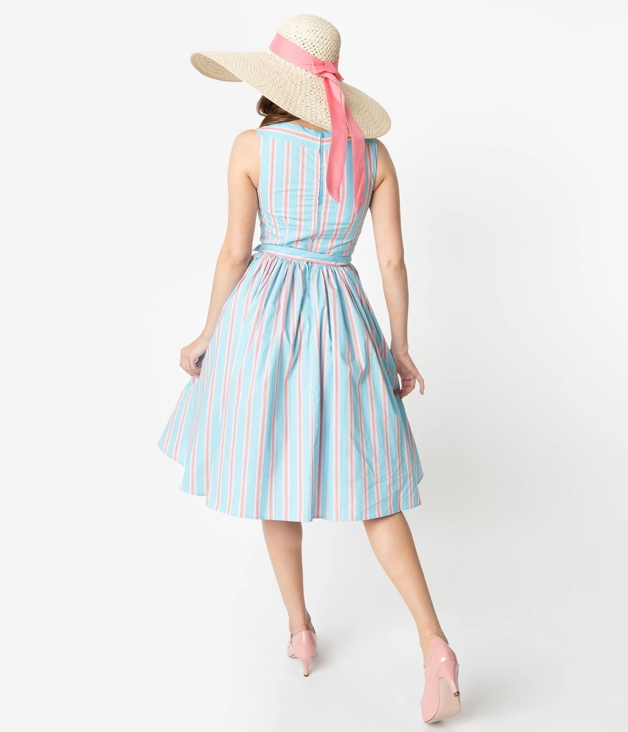 Unique Vintage Blue & Pink Stripe Sleeveless Indy Cotton Sundress