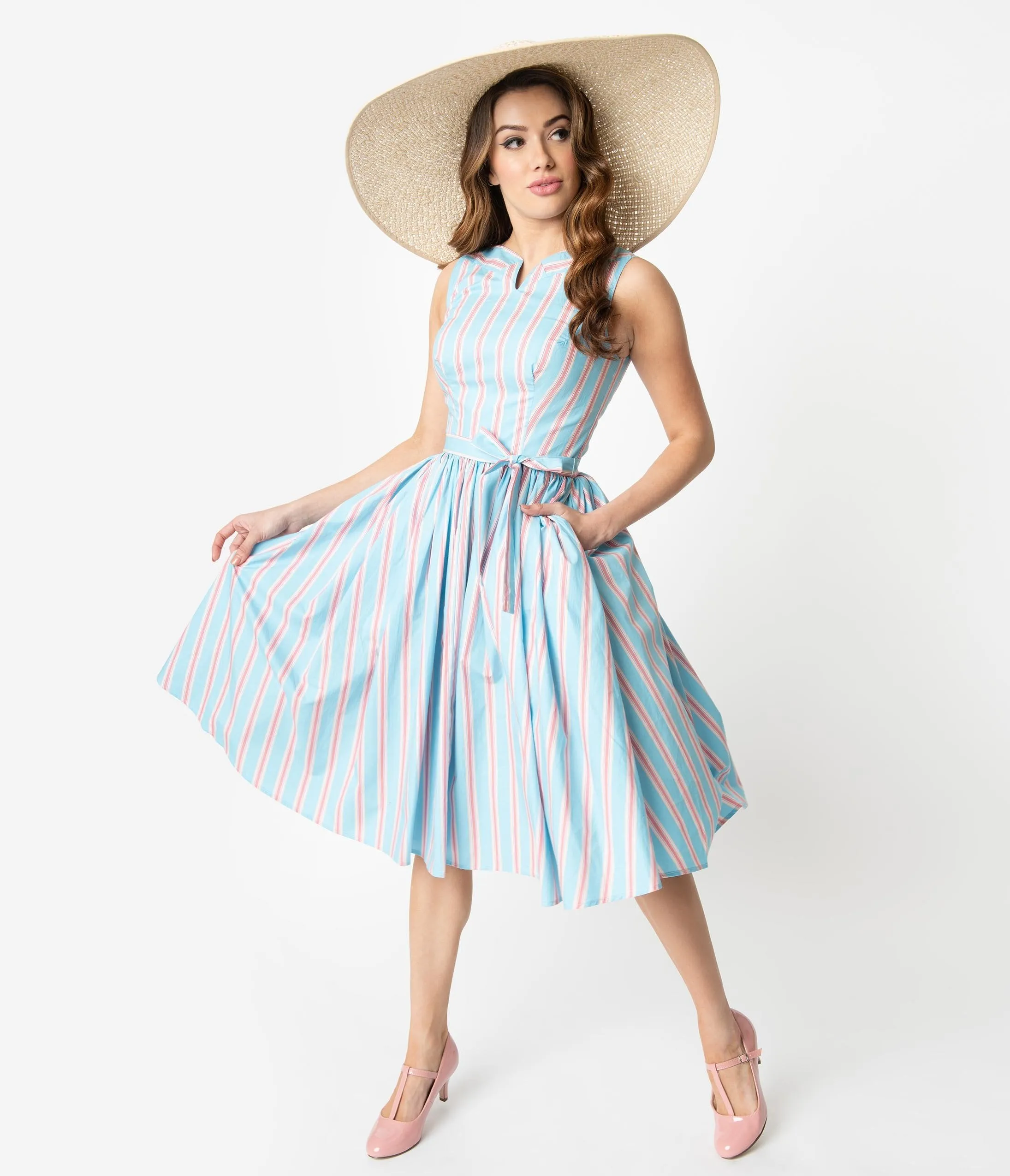 Unique Vintage Blue & Pink Stripe Sleeveless Indy Cotton Sundress