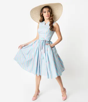 Unique Vintage Blue & Pink Stripe Sleeveless Indy Cotton Sundress