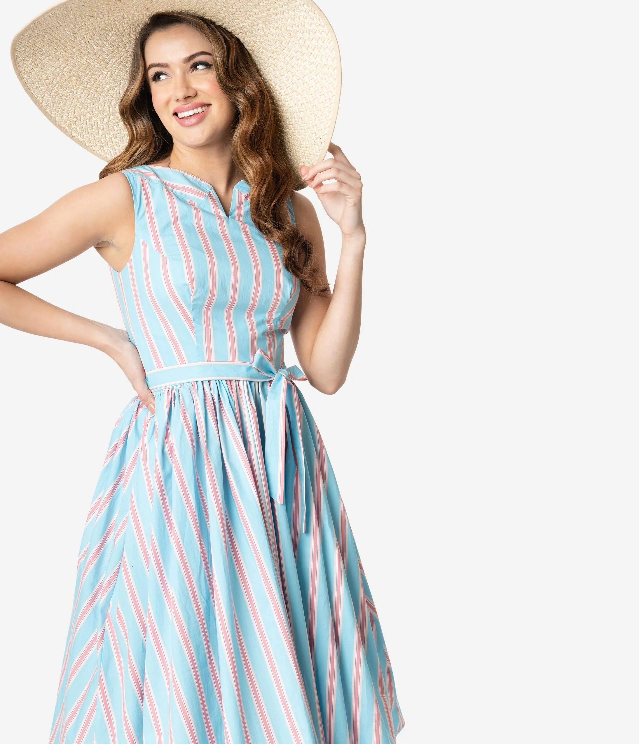 Unique Vintage Blue & Pink Stripe Sleeveless Indy Cotton Sundress