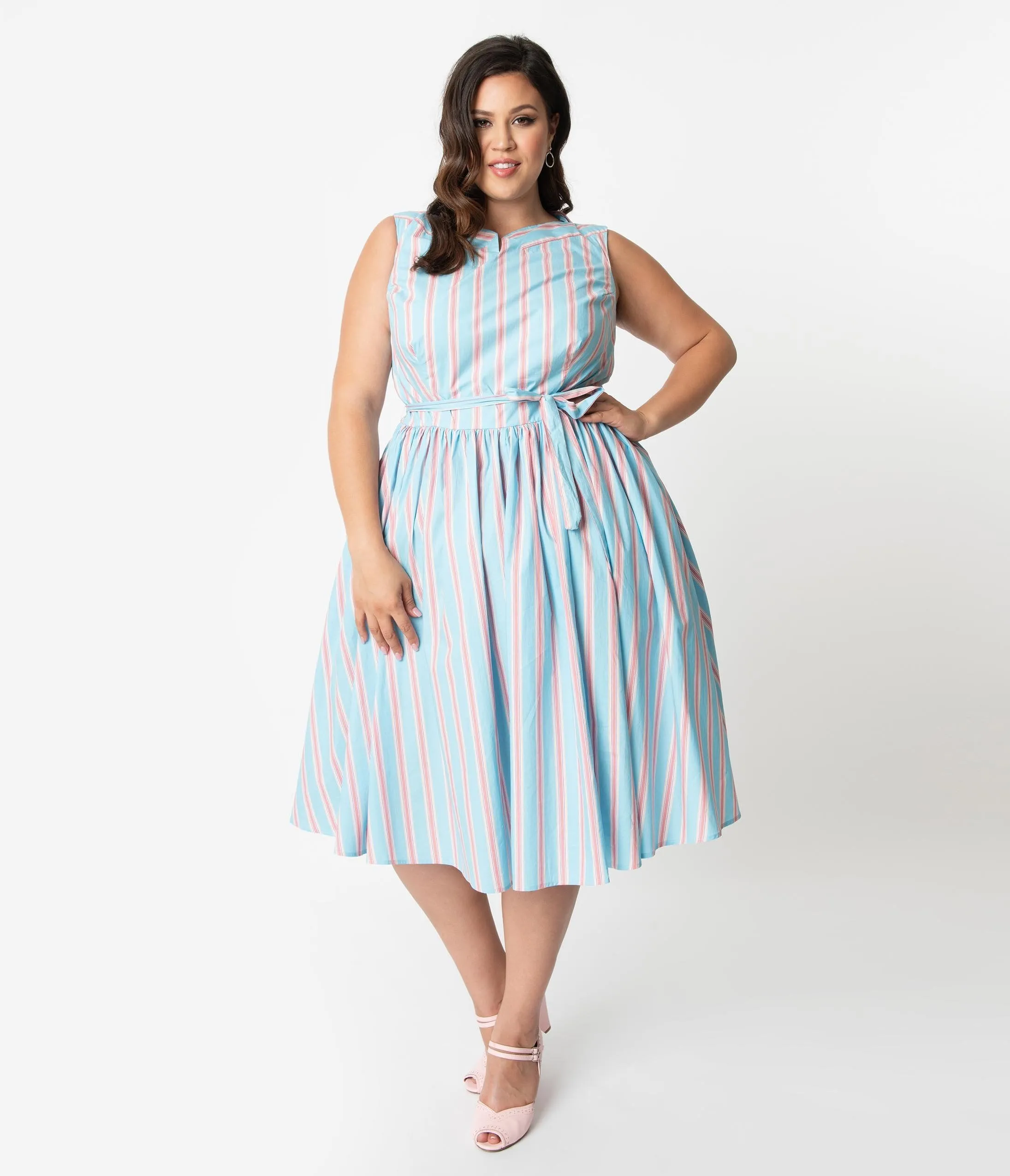Unique Vintage Plus Size Blue & Pink Stripe Sleeveless Indy Cotton Sundress