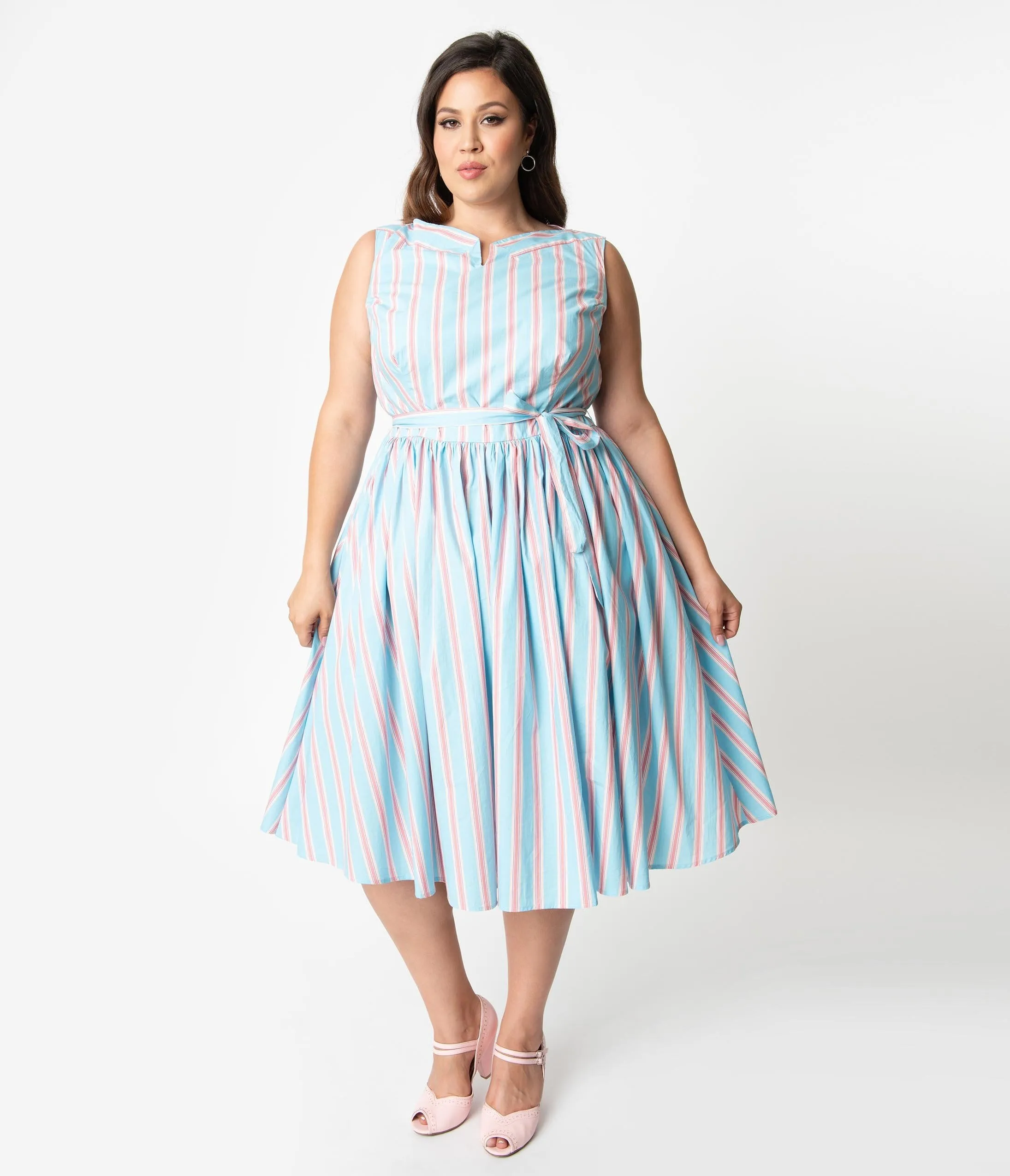 Unique Vintage Plus Size Blue & Pink Stripe Sleeveless Indy Cotton Sundress