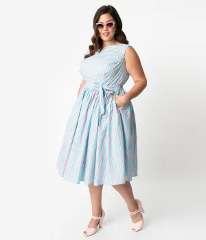 Unique Vintage Plus Size Blue & Pink Stripe Sleeveless Indy Cotton Sundress