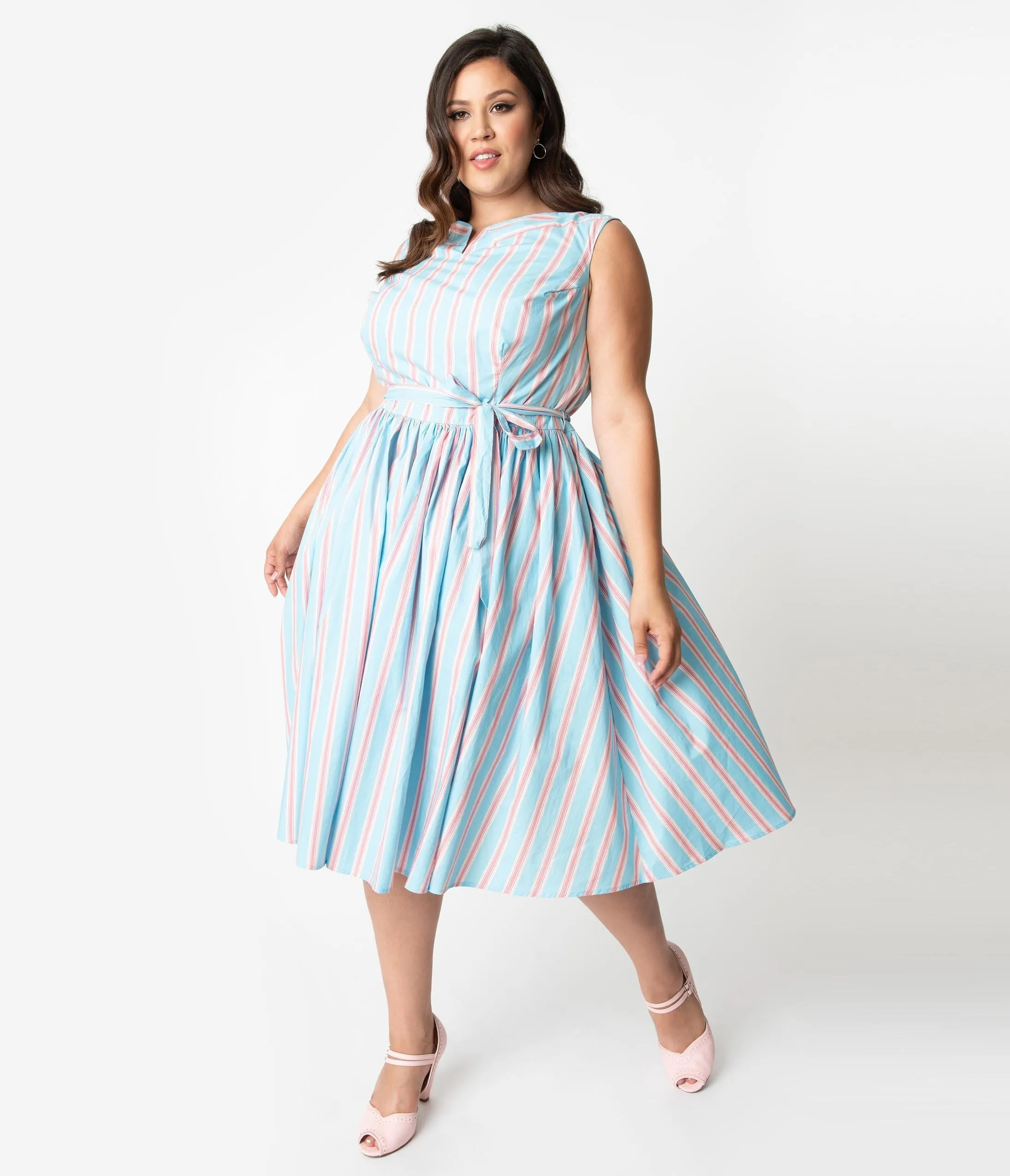 Unique Vintage Plus Size Blue & Pink Stripe Sleeveless Indy Cotton Sundress